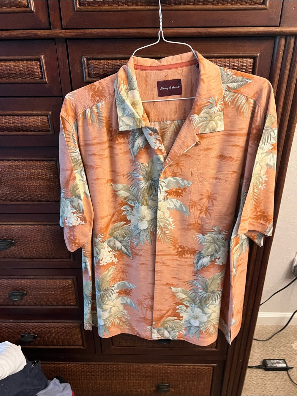 Tommy Bahama Men's Coral Orange Hawaiian Camp Shirt with Sage Green Floral Print
